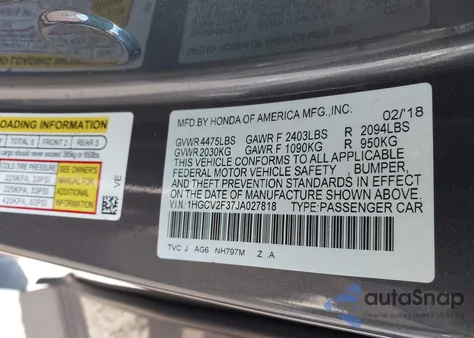 2018 Honda Accord Sport 2.0T из США, поврежденный, VIN 1HGCV2F37JA027818